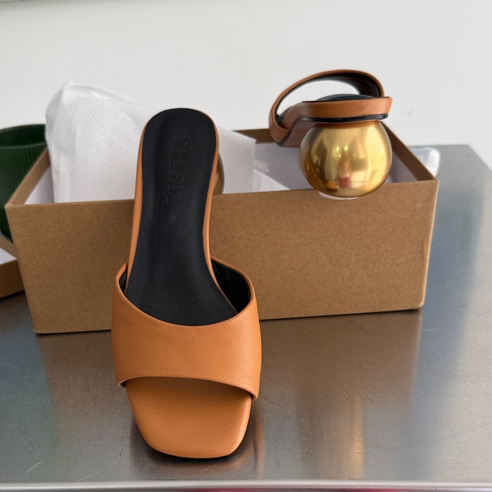 Culbia Noa Tan Leather Slide Mules with Gold Orb Heel